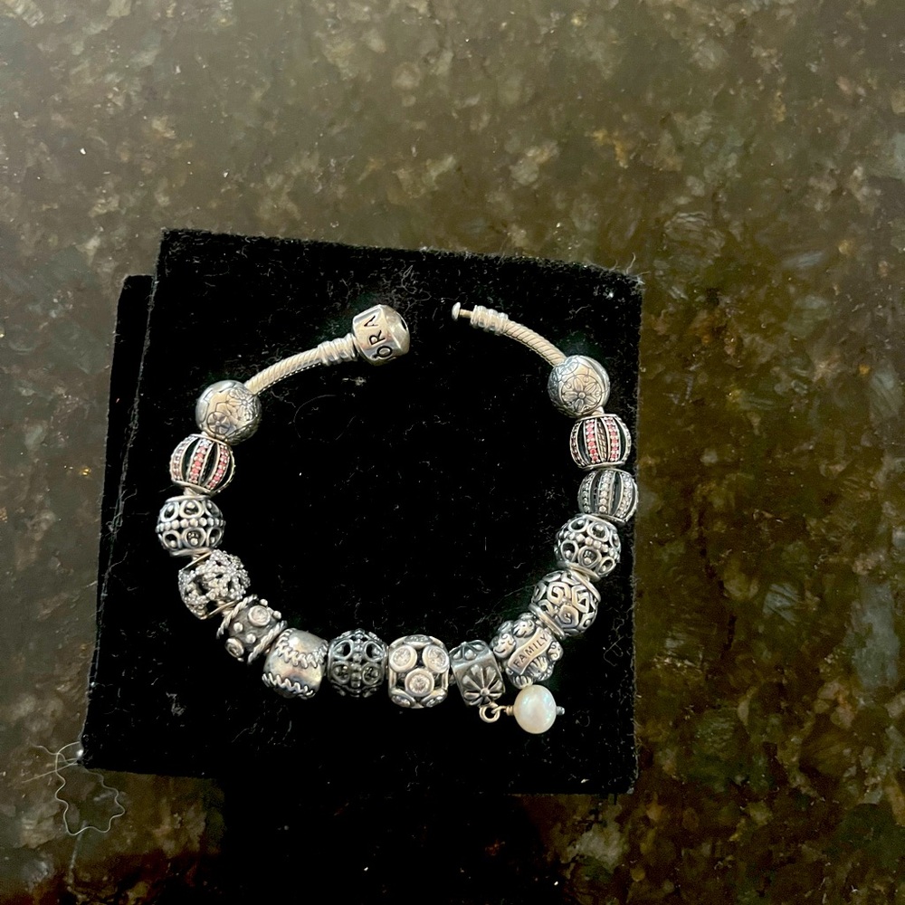 Pandora bracelet with 15 rare charms and sterling silver bracelet.